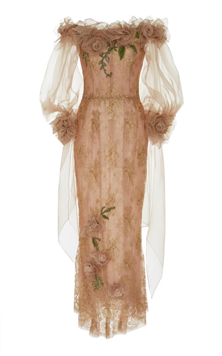 Marchesa Off The Shoulder Tea Length Dress