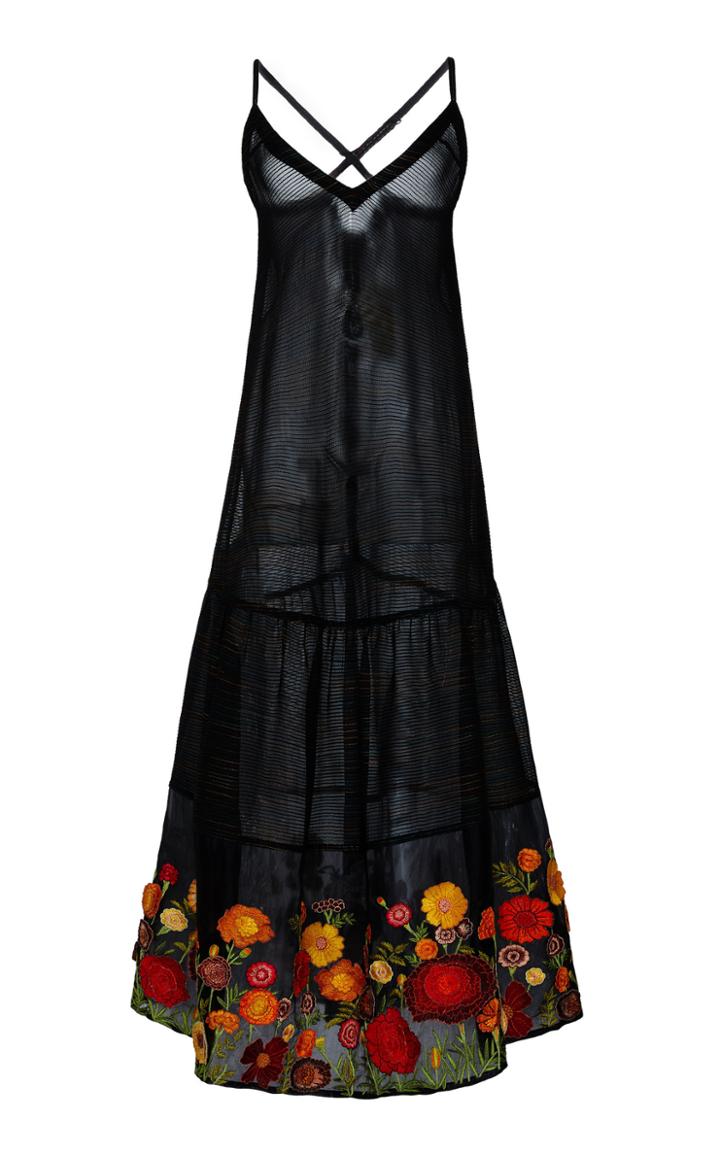 Moda Operandi Rahul Mishra Marigold Embroidered-hem Striped Voile Midi Dress Size: 3