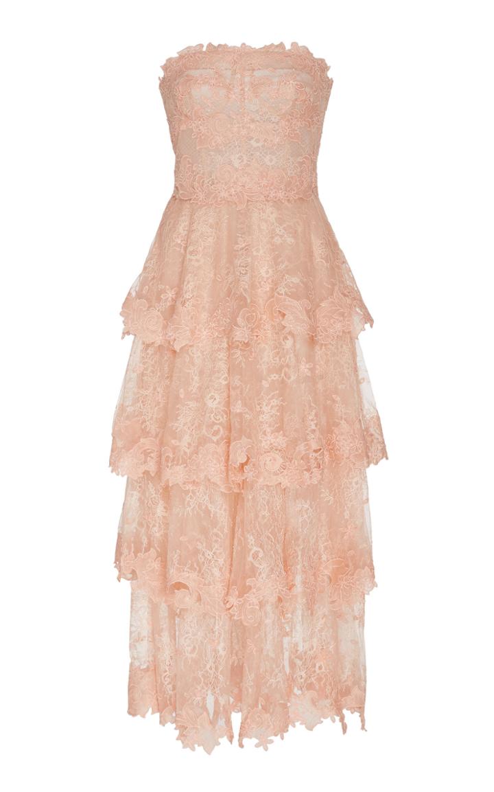 Oscar De La Renta Lace Embroidered Strapless Tiered Dress