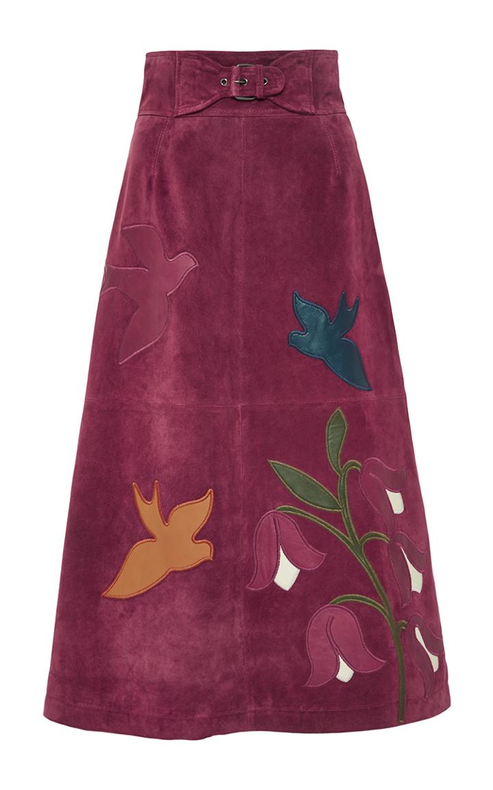 Red Valentino Suede Macroflower Embroidered Long Skirt