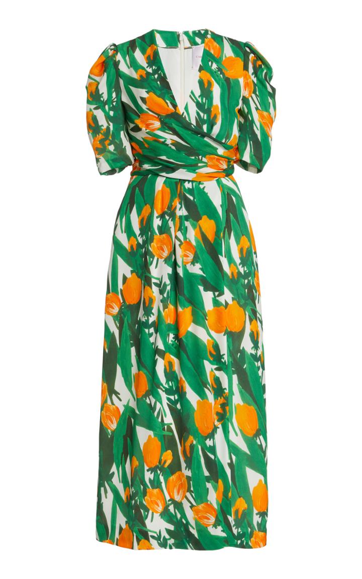 Moda Operandi Carolina Herrera Tulip Print Draped Double Silk Georgette Dress