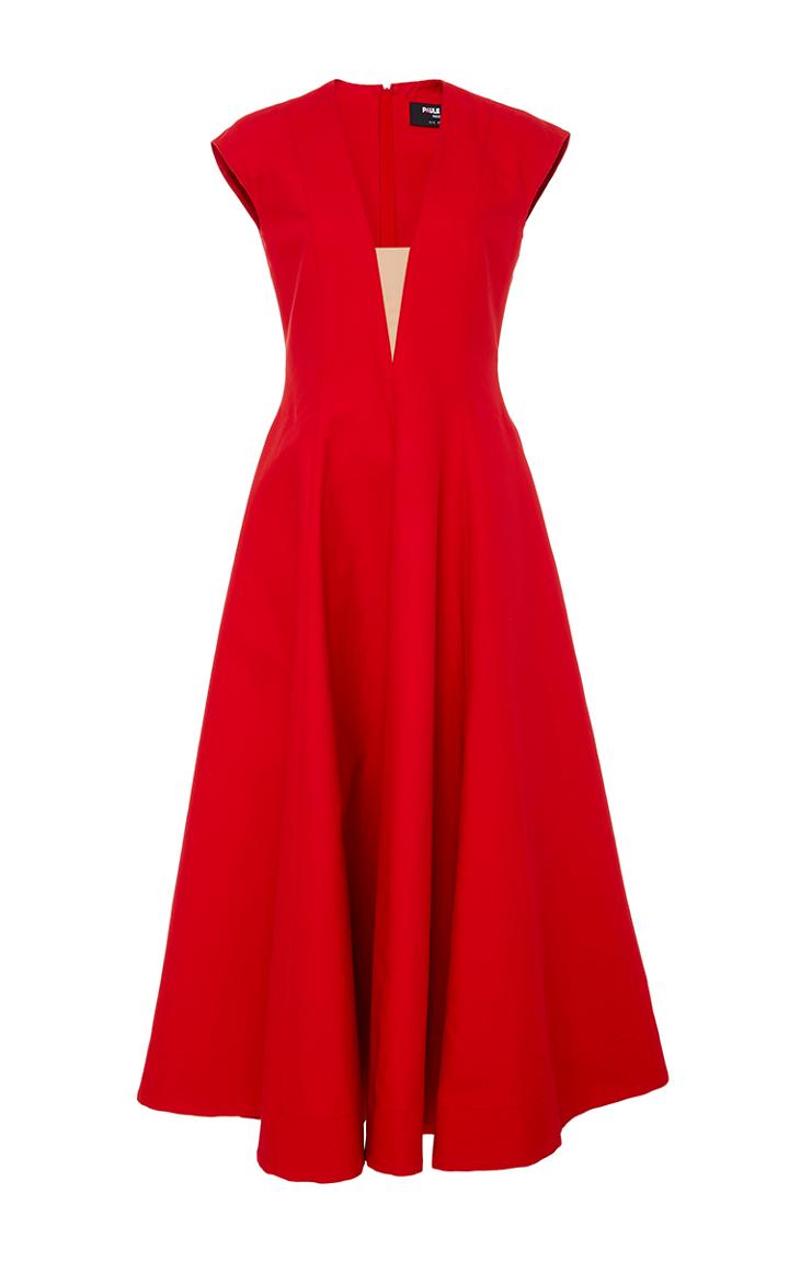 Paule Ka Cap Sleeve Volumed Dress With Nude Illusion V-neck