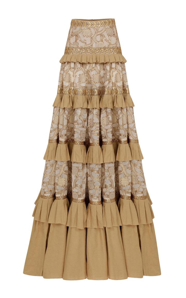 Raisa Vanessa Jaquard Camel Maxi Skirt With Ruffles