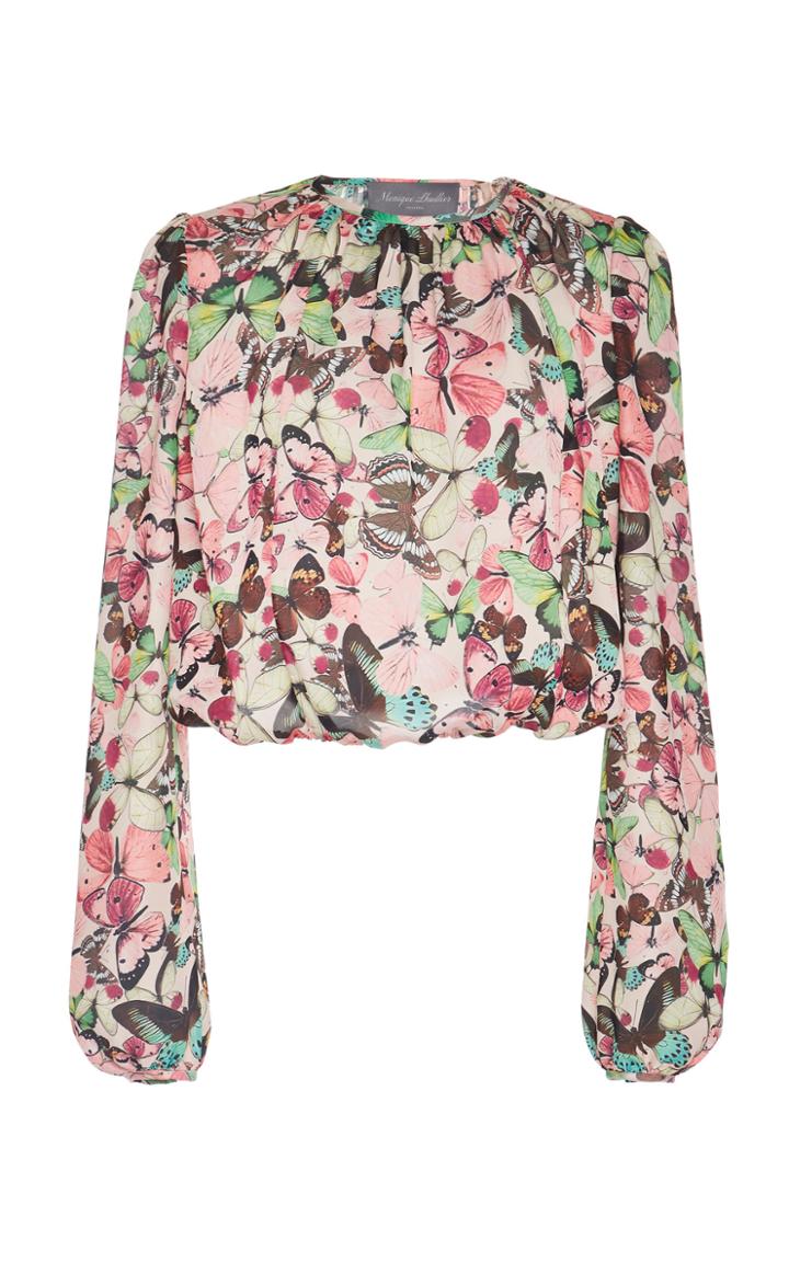 Monique Lhuillier Long Sleeve Printed Cropped Blouse