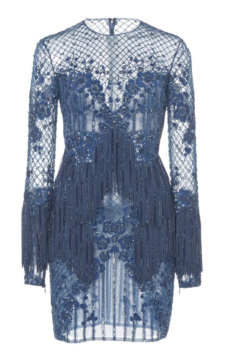 Zuhair Murad Bead Embroidered Tulle Mini Dress With Fringe