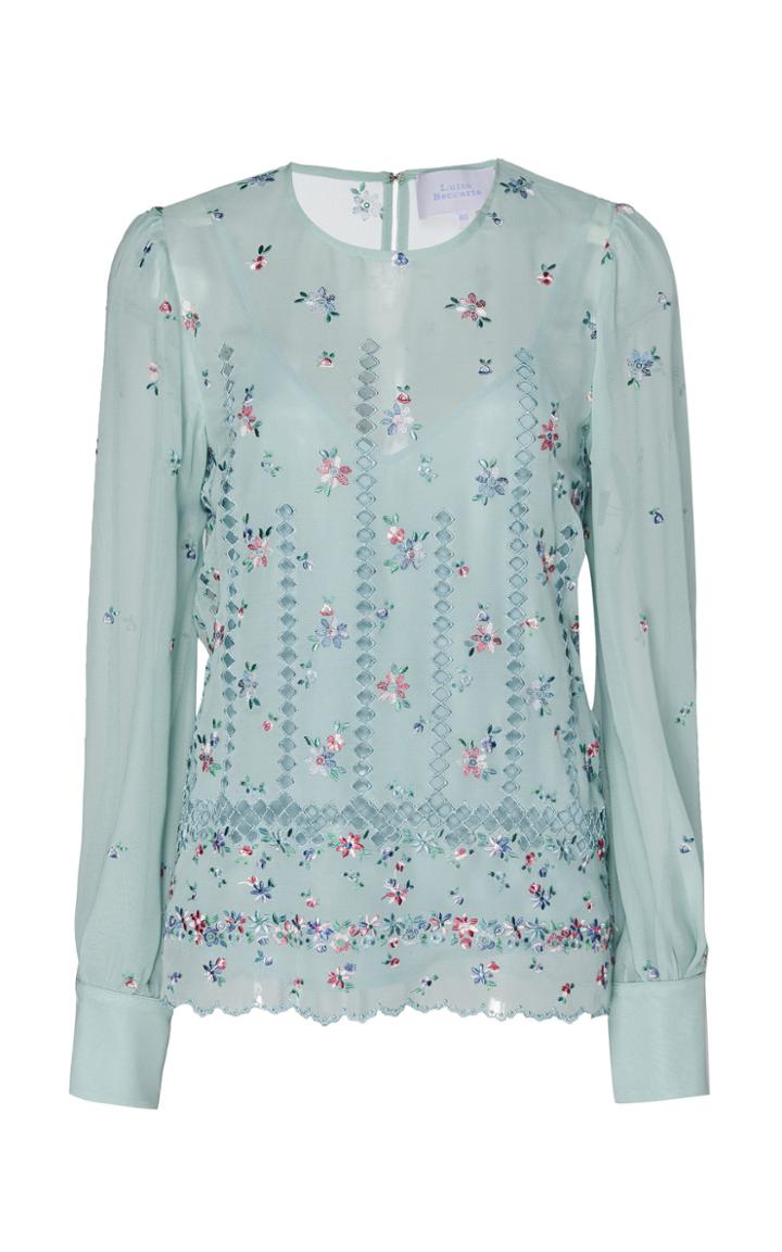 Luisa Beccaria Floral Embroidered Silk Blouse With Scarf