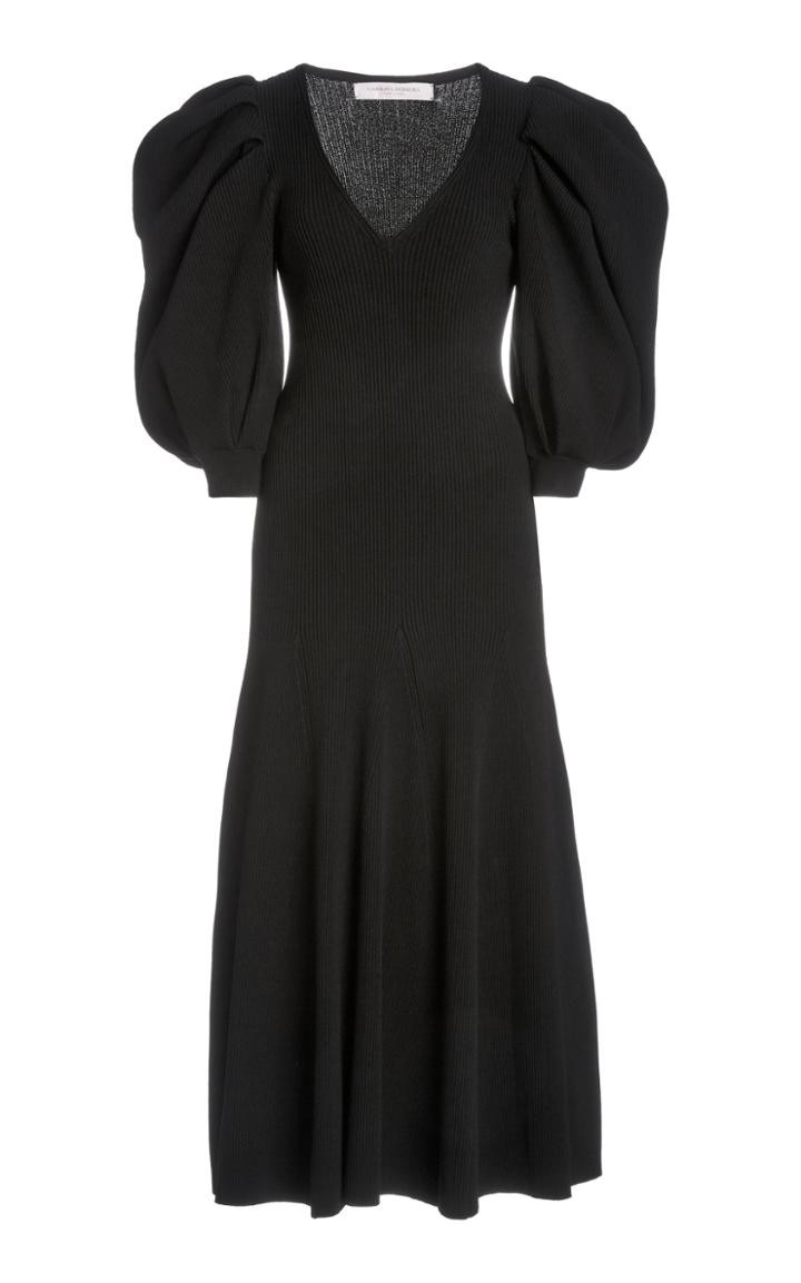 Carolina Herrera Puffed-sleeve Ribbed-knit Midi Dress