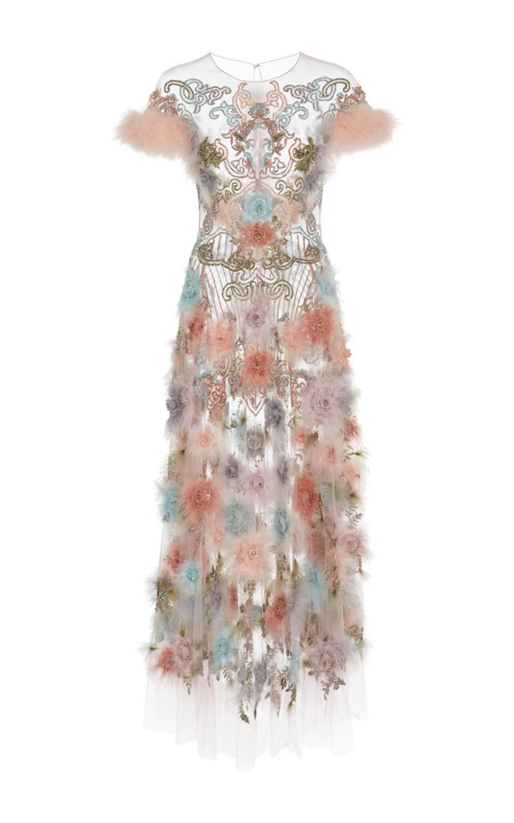 Marchesa Feather Embroidered Cocktail Dress
