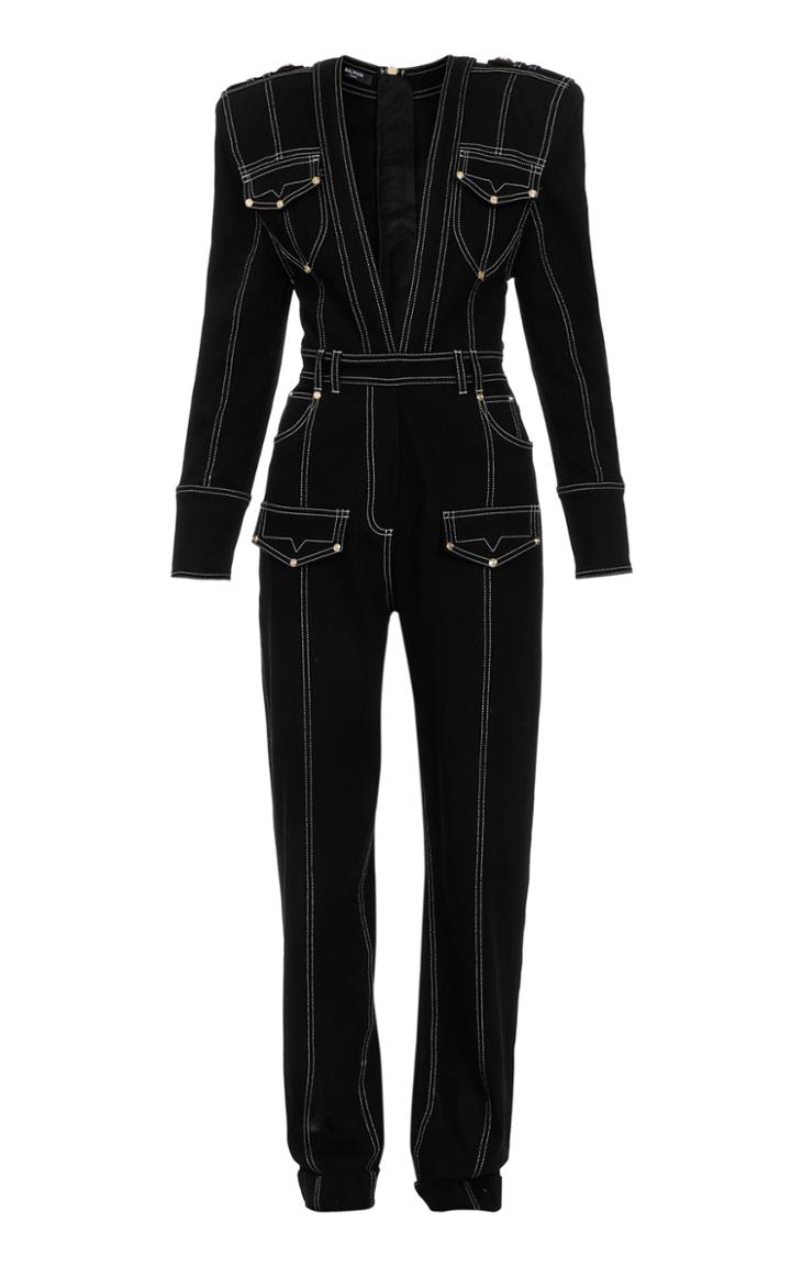 Moda Operandi Balmain Top-stitched Denim Jumpsuit