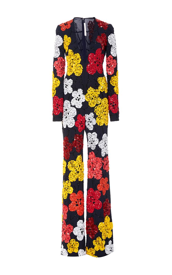 Naeem Khan Beaded Floral Plunging V-neck Wide-legged Jumpsuit