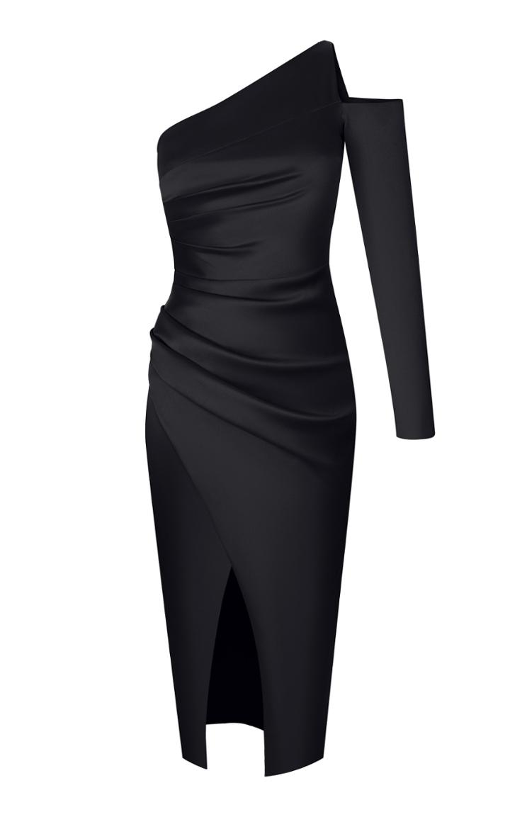 Rasario Asymmetrical Draped Satin Midi Dress
