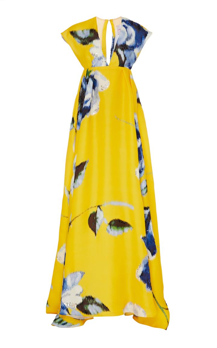 Carolina Herrera Sleeveless V-neck A-line Floral Print Gown
