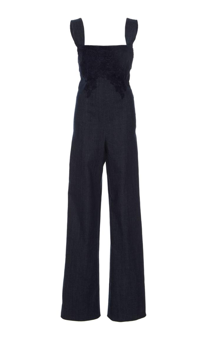 Luisa Beccaria Denim Embellished Lace Jumpsuit