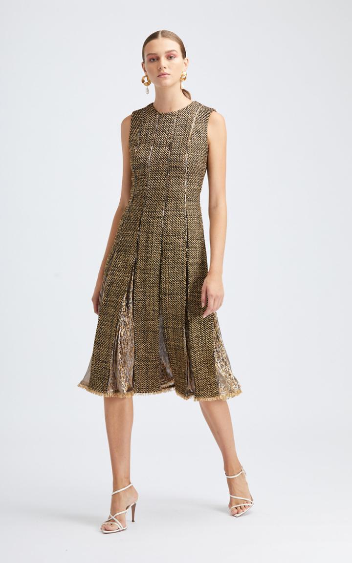 Moda Operandi Oscar De La Renta Sleeveless Pleated Metallic Midi Dress