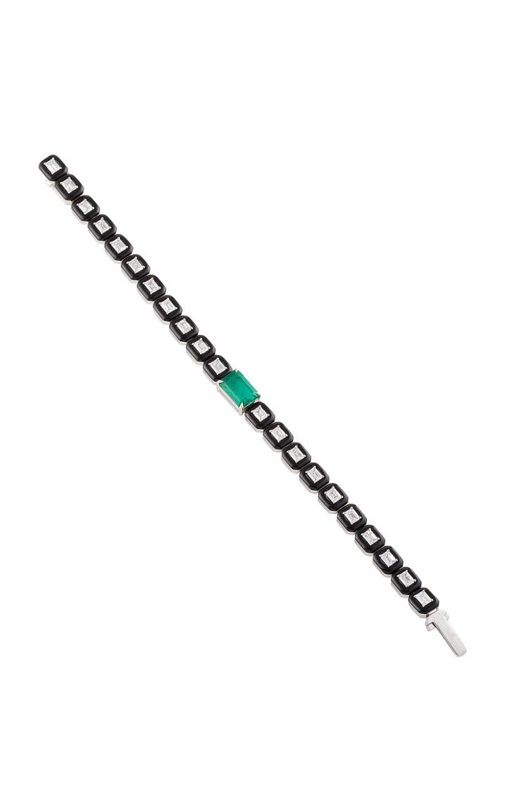 Nikos Koulis Oui Black Enamel Bracelet With Emerald Center Stone And Emerald Cut White Diamonds