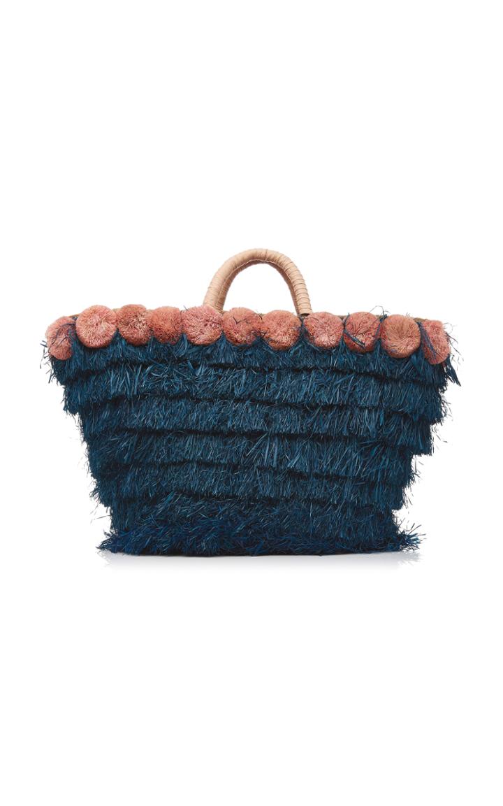 Kayu Lucca Pompom-embellished Fringed Raffia Tote