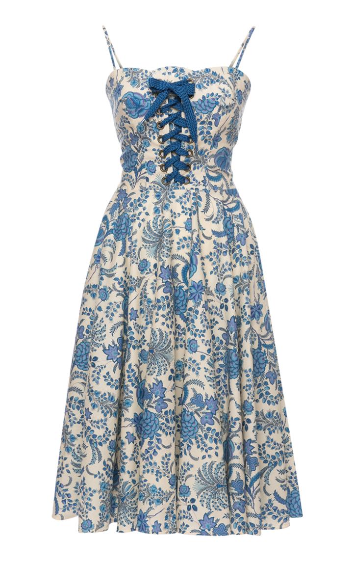 Moda Operandi Lena Hoschek Sunny Side Lace-up Printed Cotton Midi Dress