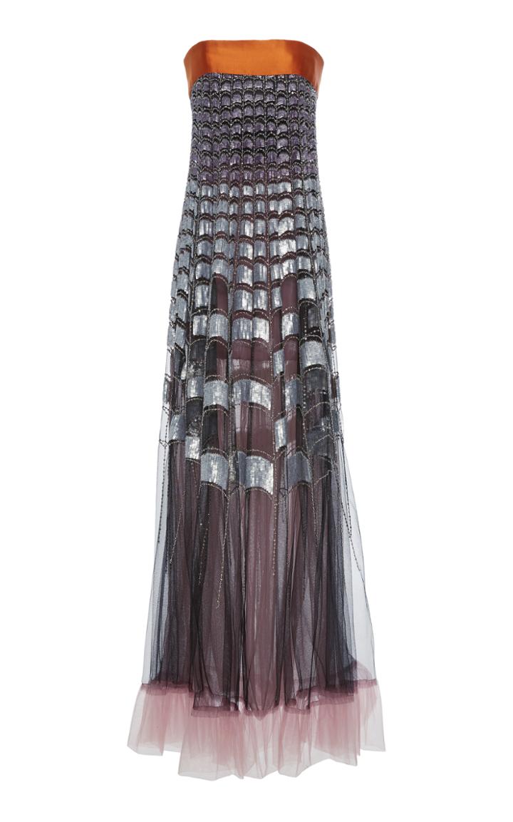 Reem Acra Ombre Sequin Grid Embroidered Gown