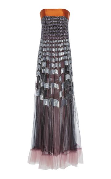 Reem Acra Ombre Sequin Grid Embroidered Gown