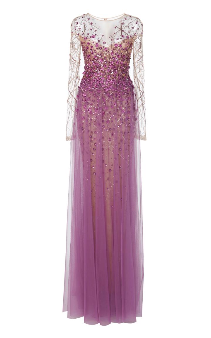 Pamella Roland Sequined Metallic-trim Tulle Gown