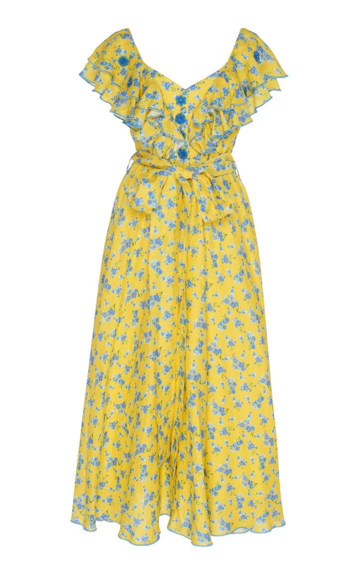 Gl Hrgel Ruffle Neck Linen Midi Dress Size: M