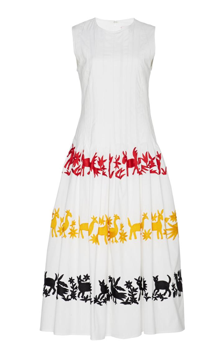 Carolina Herrera Embroidered Pleated Cotton-blend A-line Dress