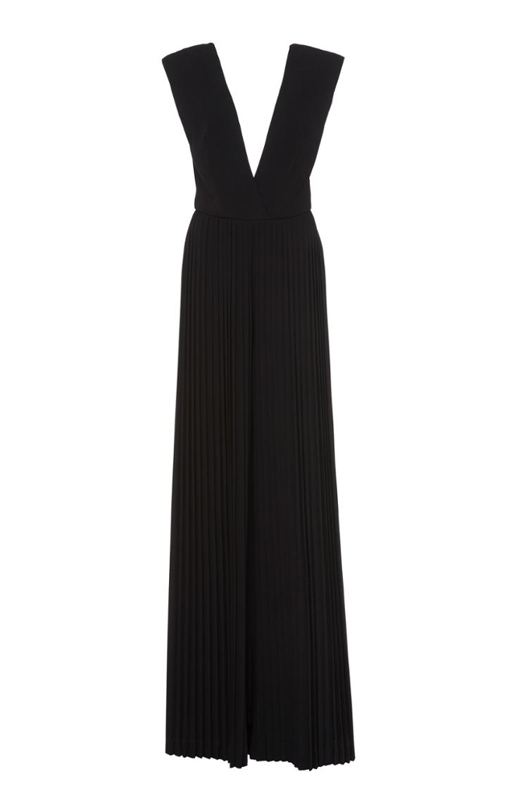 Monique Lhuillier Crepe V Neck Pleated Jumpsuit