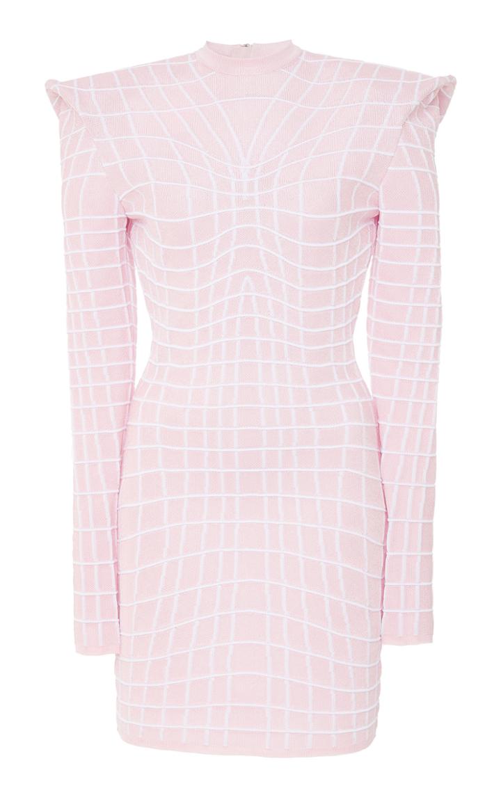 Balmain Long-sleeve Mockneck Grid Effect Jersey Dress