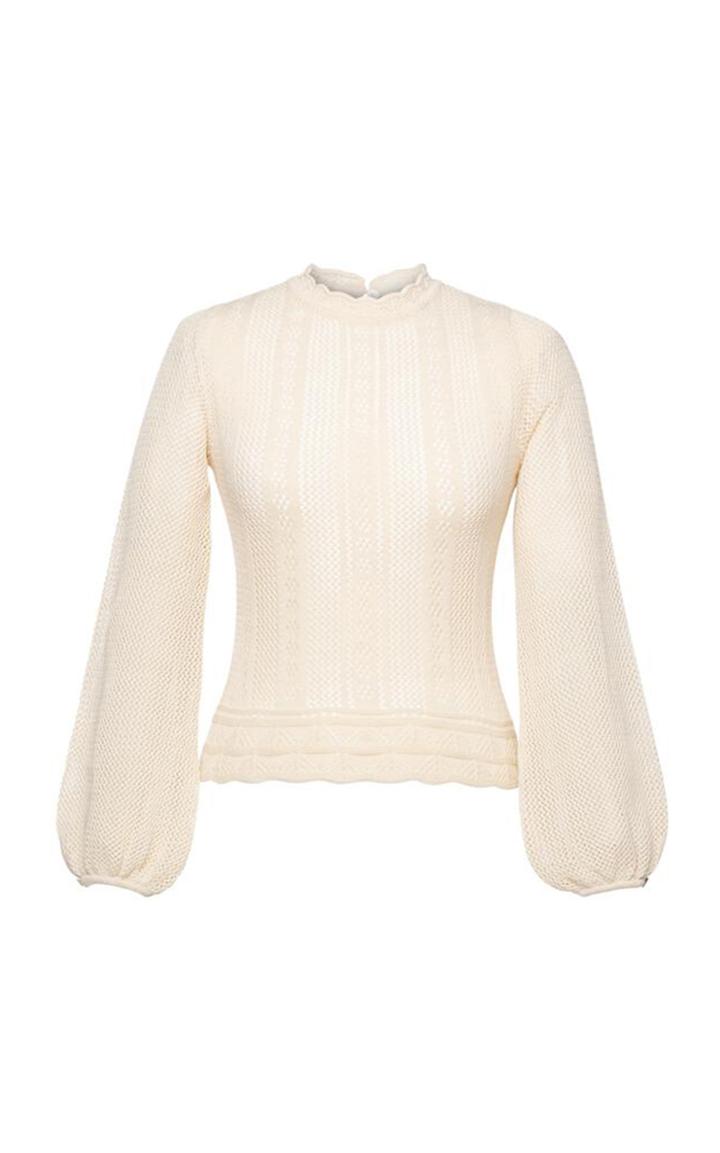 Moda Operandi Lena Hoschek Affaire Puff-sleeve Pointelle-knit Cotton-blend Top