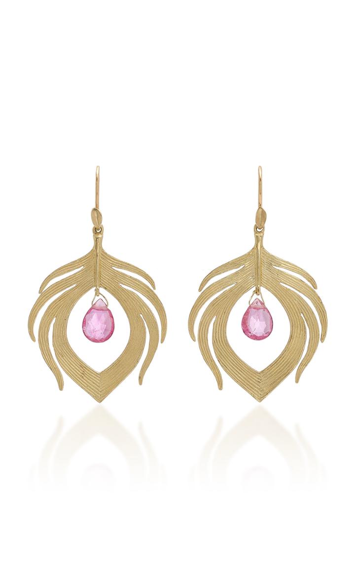 Annette Ferdinandsen Peacock Feathers 14k Gold And Rubellite Drop Earrings