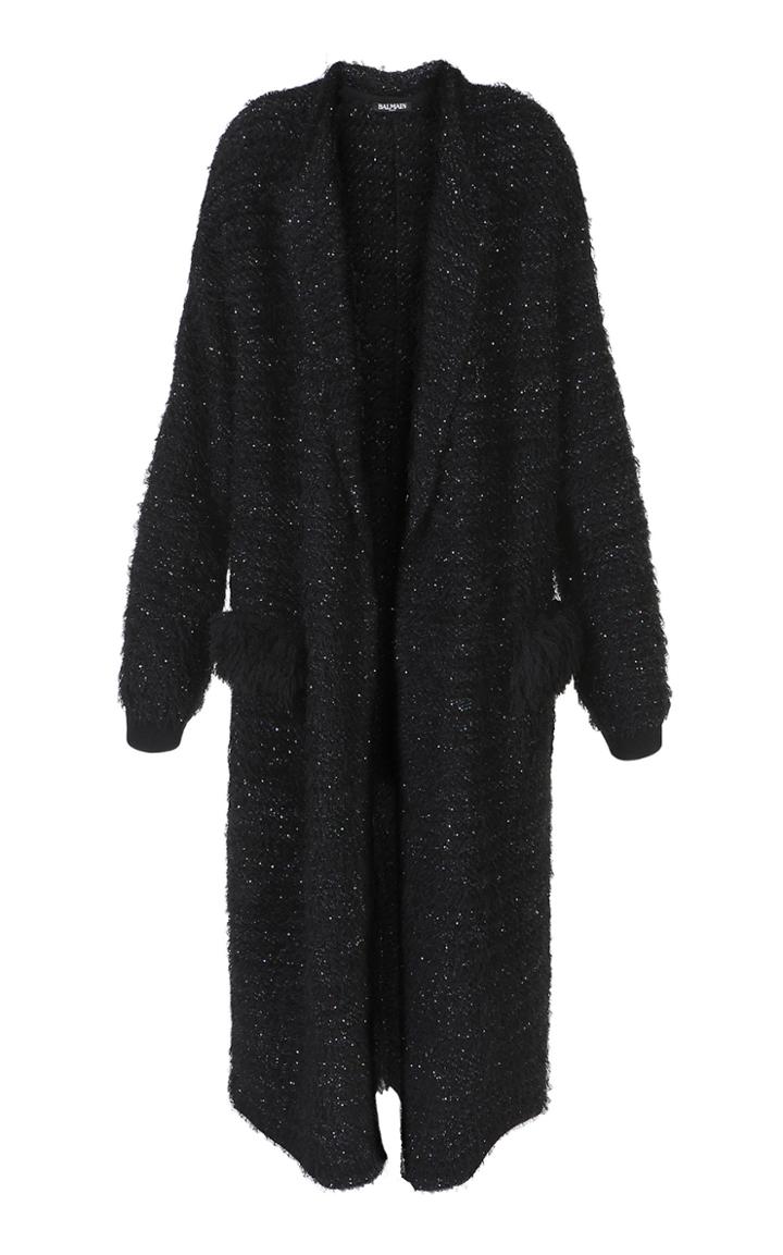 Balmain Sparkling Long Double-breasted Tweed Coat