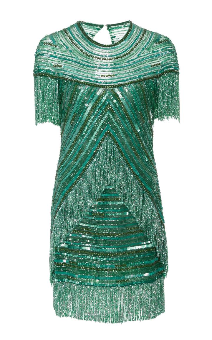 Naeem Khan Short Sleeve Fringe Dress