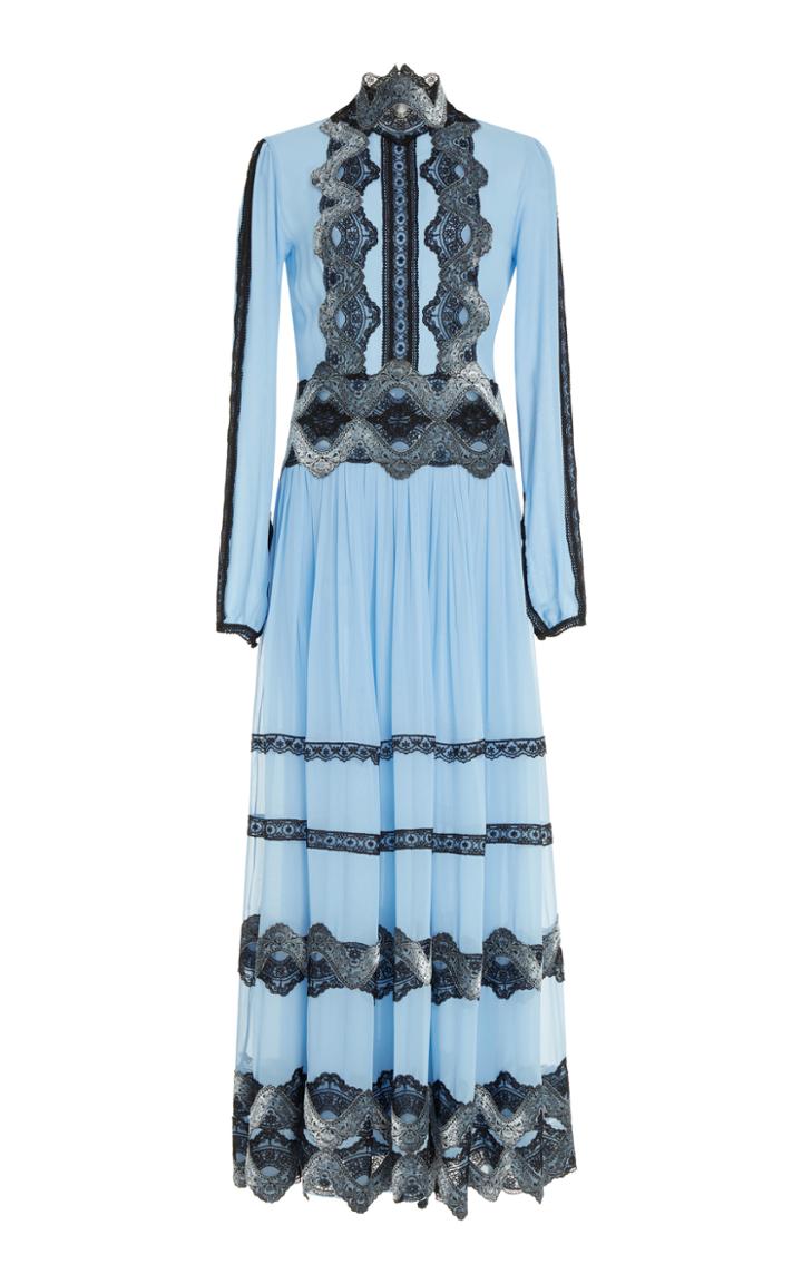 Costarellos Silk Chiffon Lace Embroidered Dress