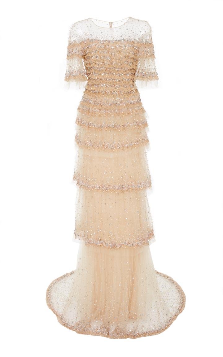 Pamella Roland Ruffle Confetti Embroidered Tulle Gown