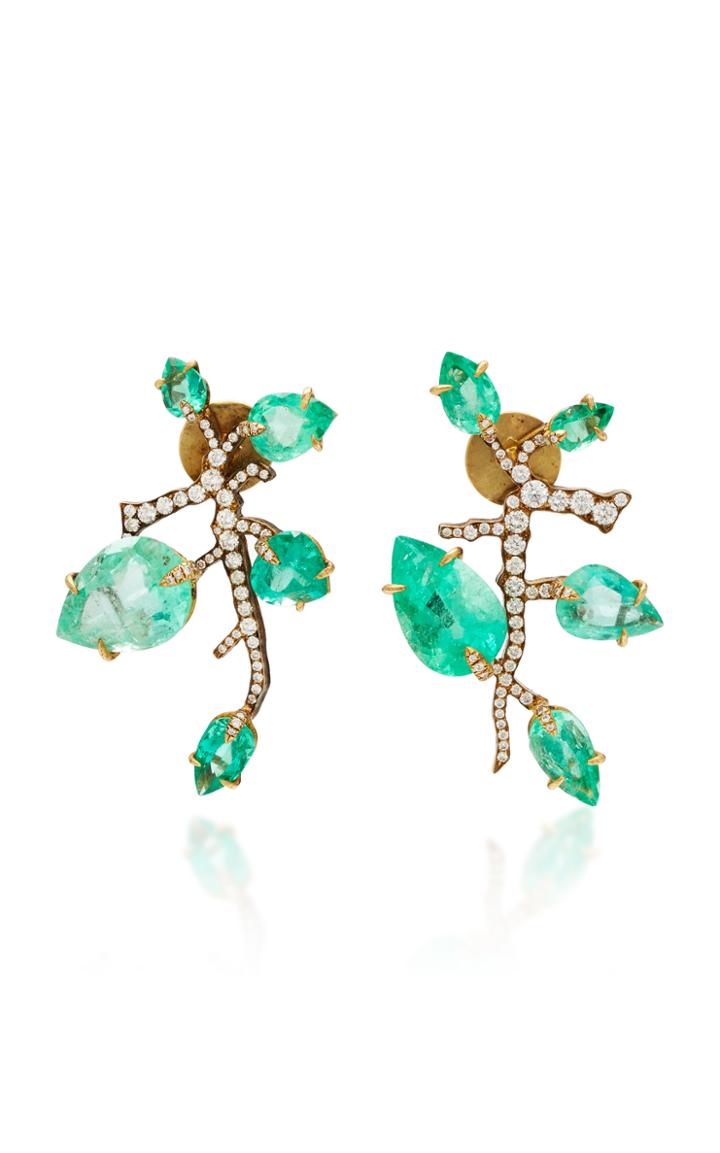 Judy Geib One-of-a-kind Smaller Leafy Colombian Emerald Branch Earrings