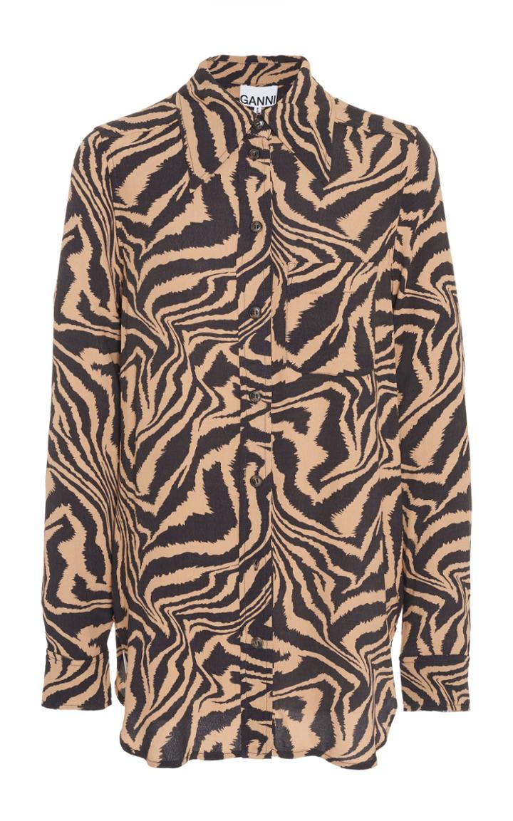 Ganni Leopard-print Crepe Button-down Shirt