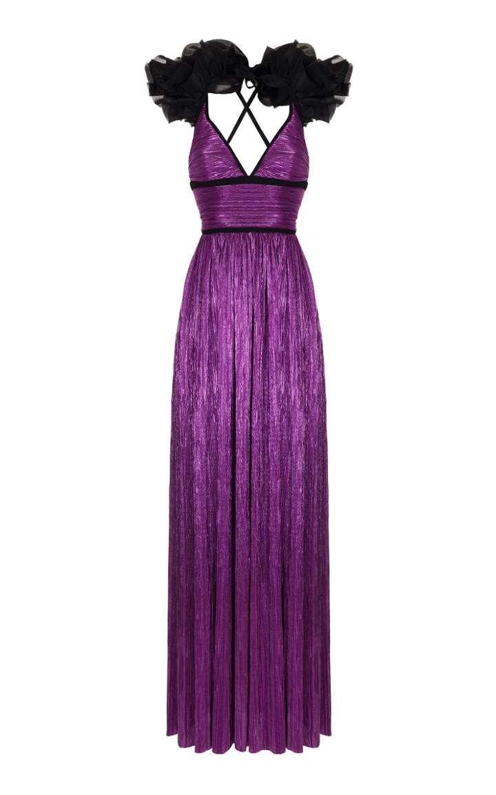 Rasario Pleated Gown With Ruffle Trim