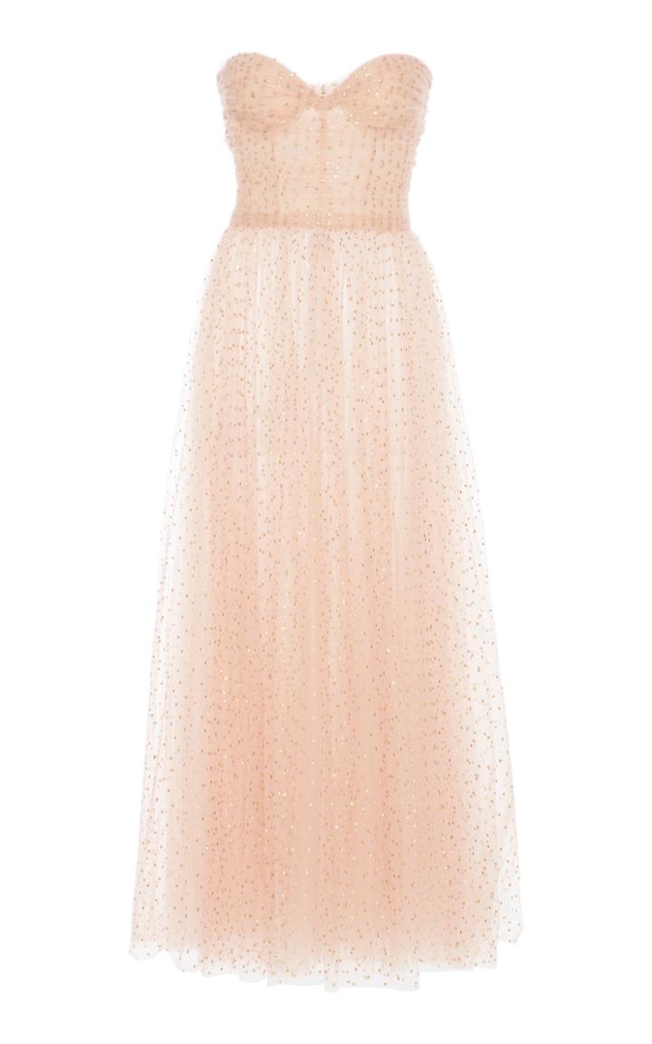 Monique Lhuillier Dotted Tulle Strapless Tea Length Gown