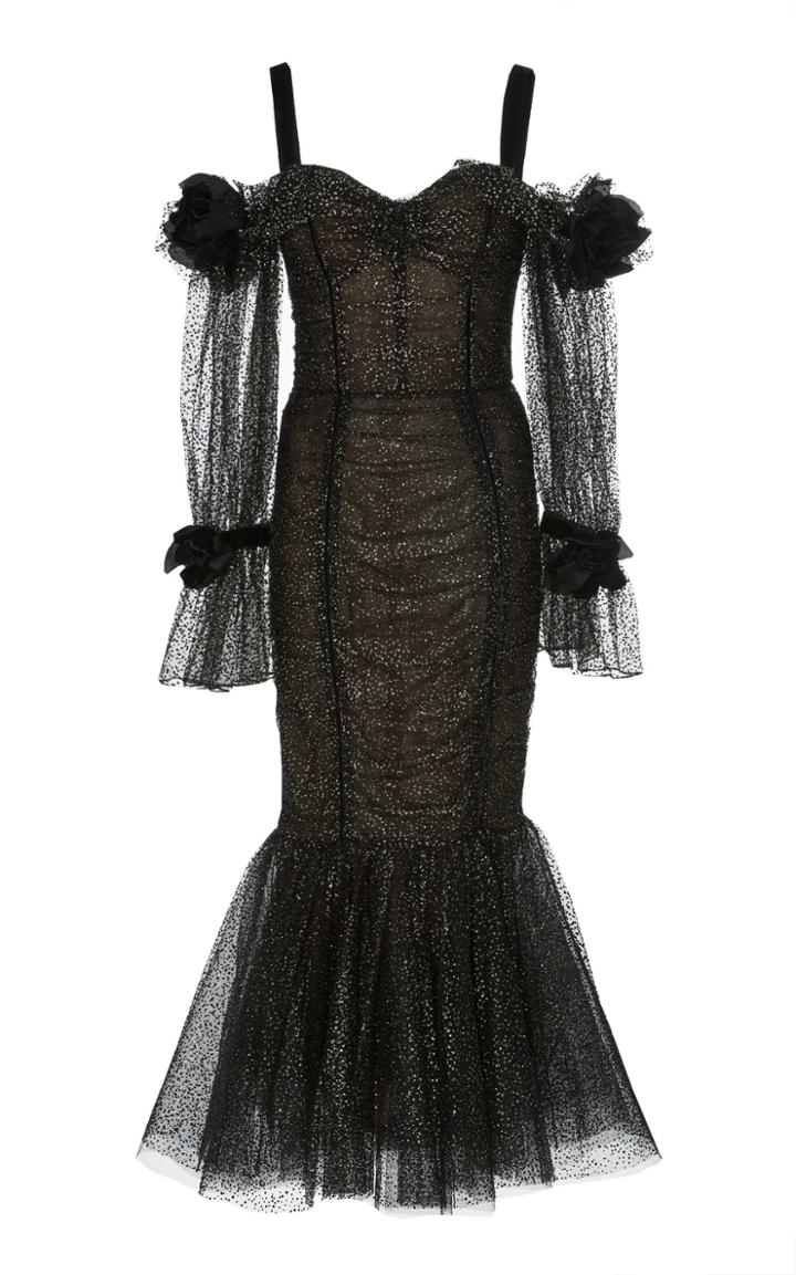 Marchesa Cold-shoulder Glittered Tulle Dress