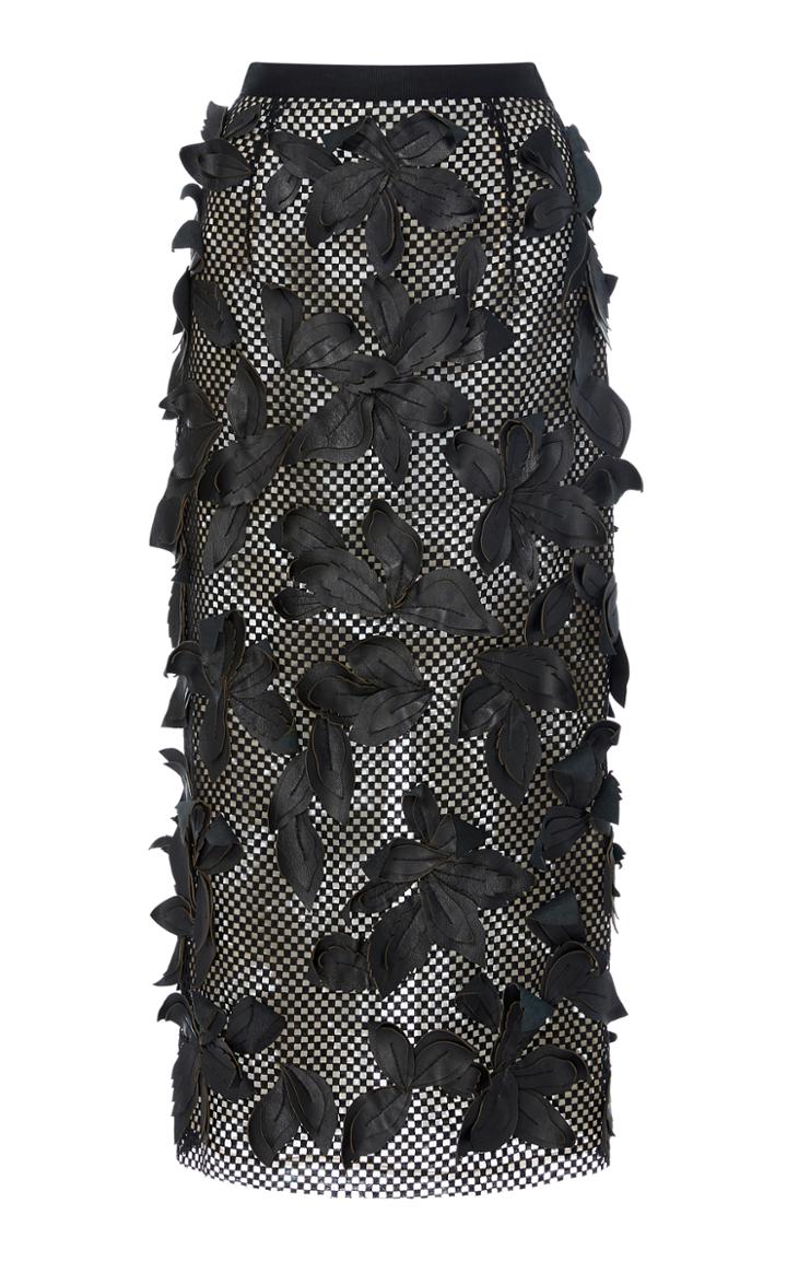 Oscar De La Renta Leather Leaf Applique Skirt