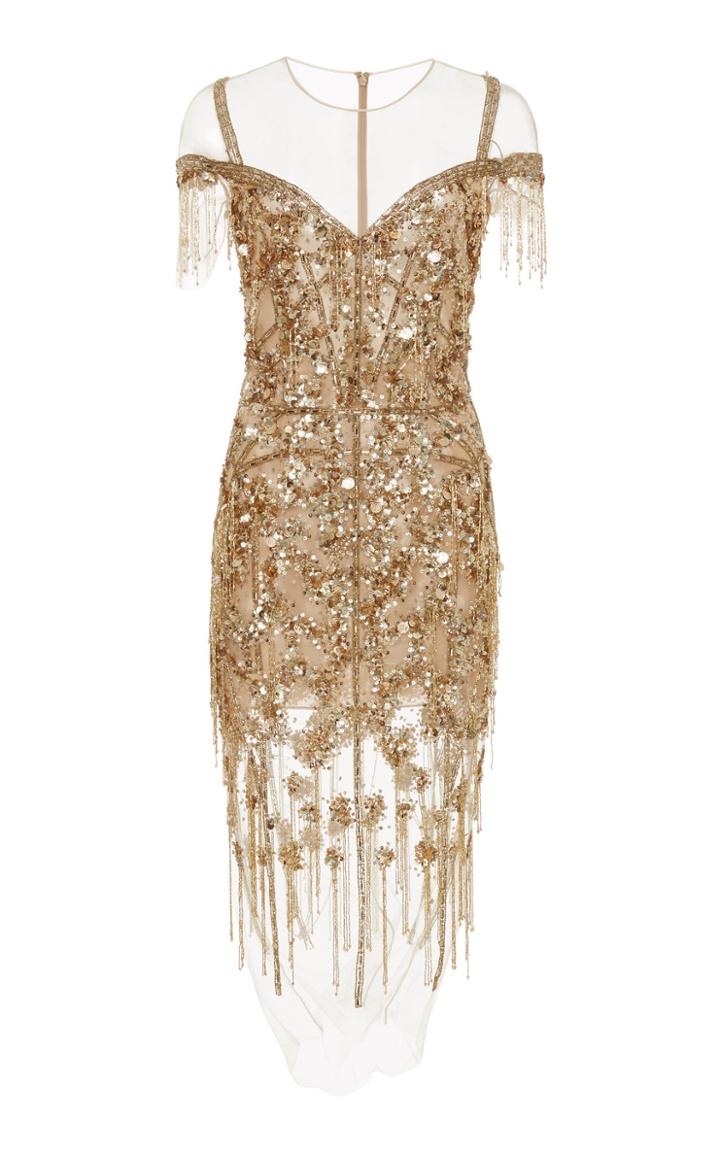 Pamella Roland Gold Sequin Confetti And Linear Crystal Dress