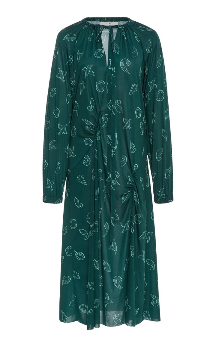 Tibi Shirred Printed Long Dress