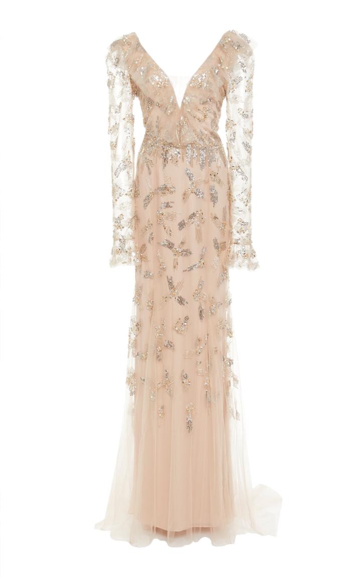 Monique Lhuillier Stardust Embroidered Long Sleeve Gown