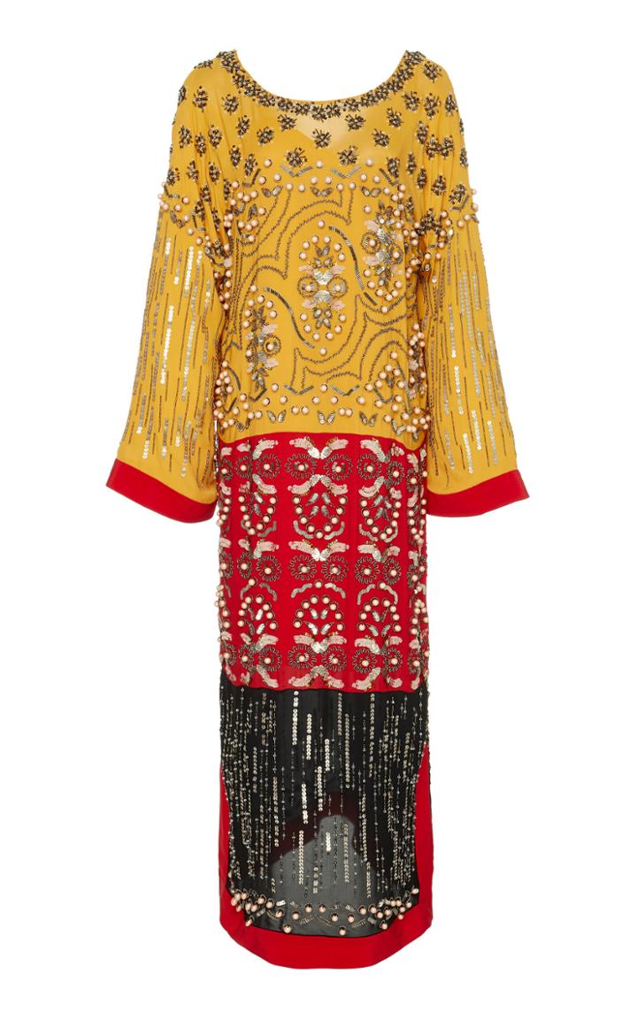 Saloni Maki Hand-embellished Color Block Silk Maxi Dress