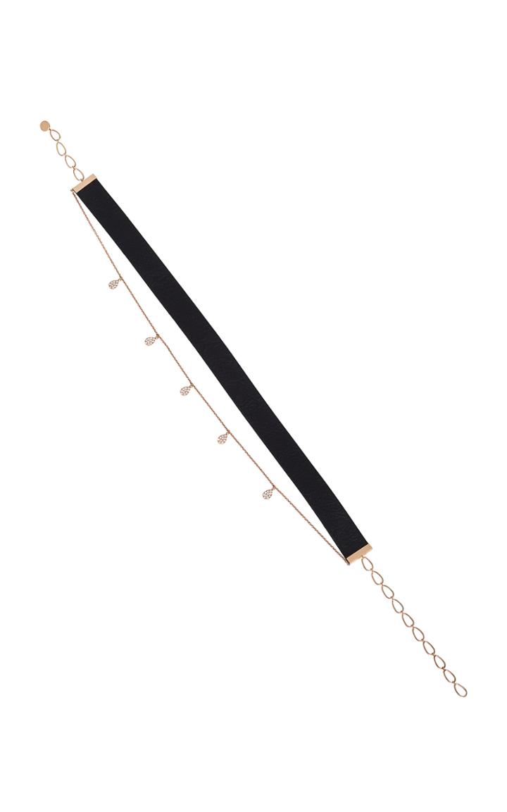 Diane Kordas Black Leather Choker With Chain Of Diamond Teardrop Charms