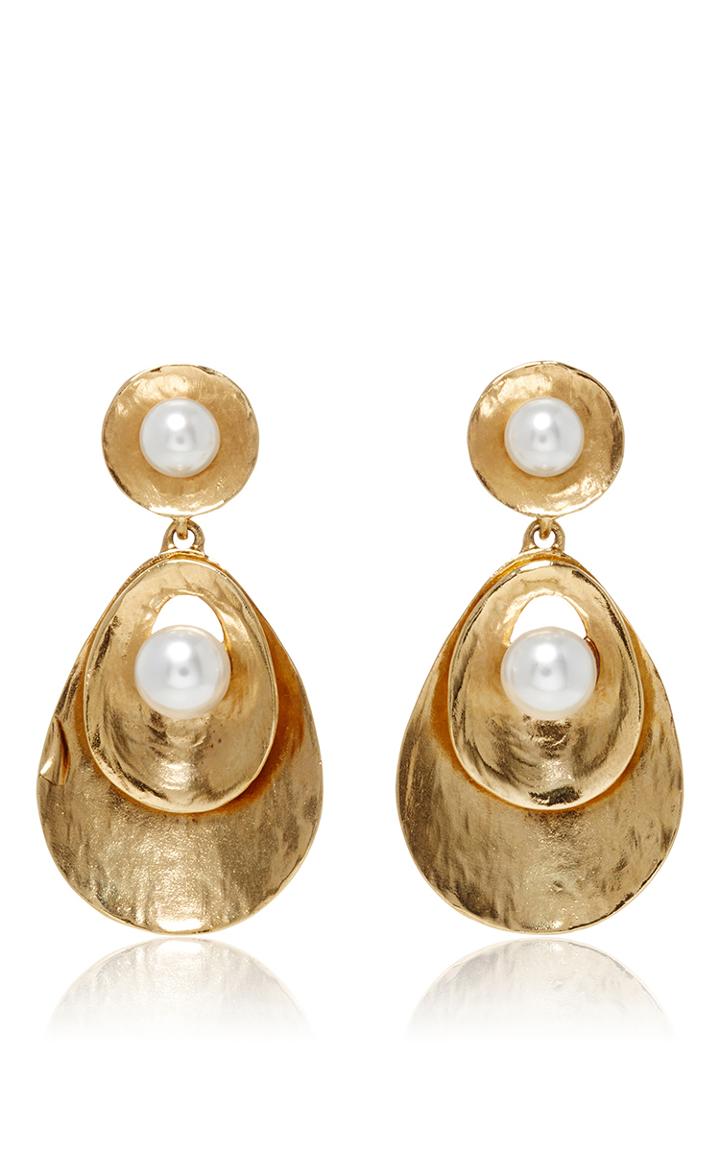 Oscar De La Renta Pearl Gold Disc Drop Earrings