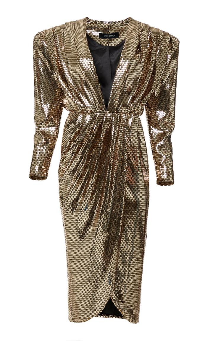 Moda Operandi Mach & Mach Golden Glossy V Neck Midi Dress Size: Xs