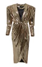 Moda Operandi Mach & Mach Golden Glossy V Neck Midi Dress Size: Xs