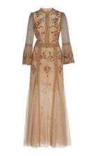 Costarellos Embroidered Speckled Glitter Tulle Godet Dress