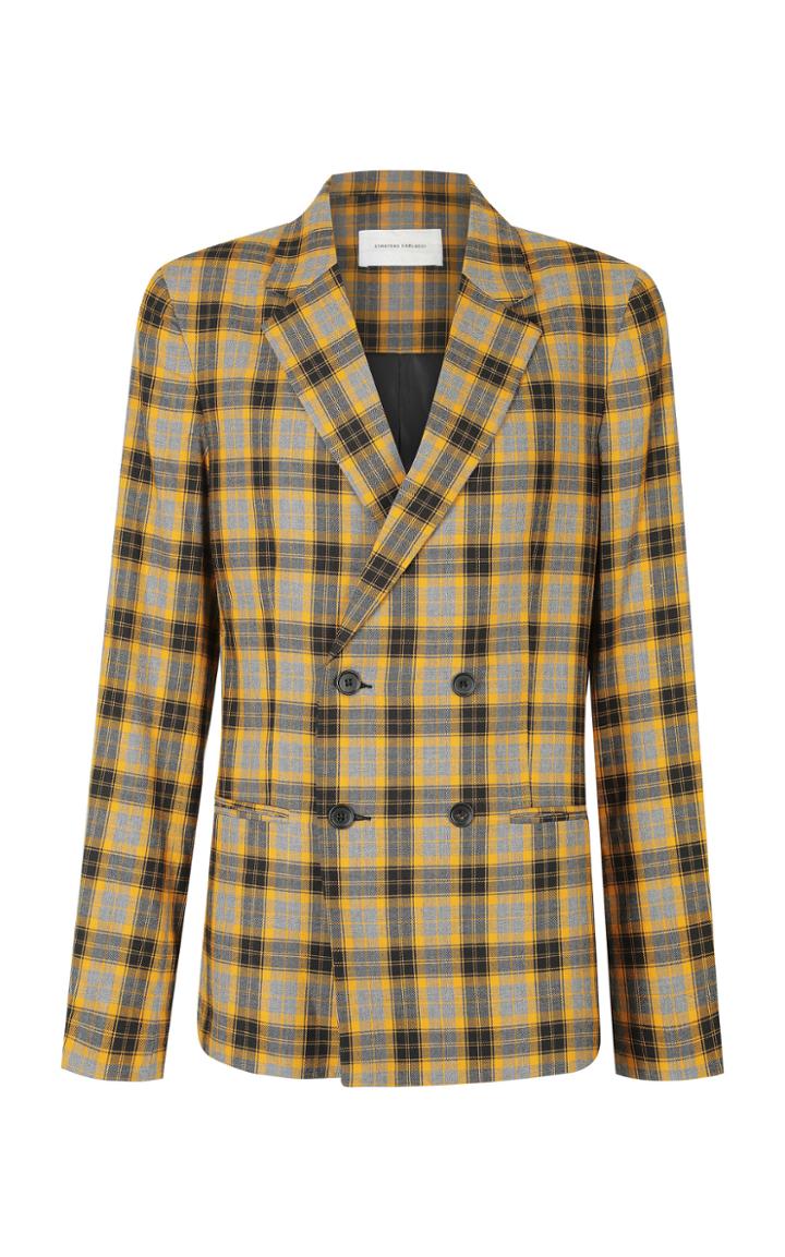 Strateas Carlucci Yellow Check Macro Plated Double Breasted Blazer